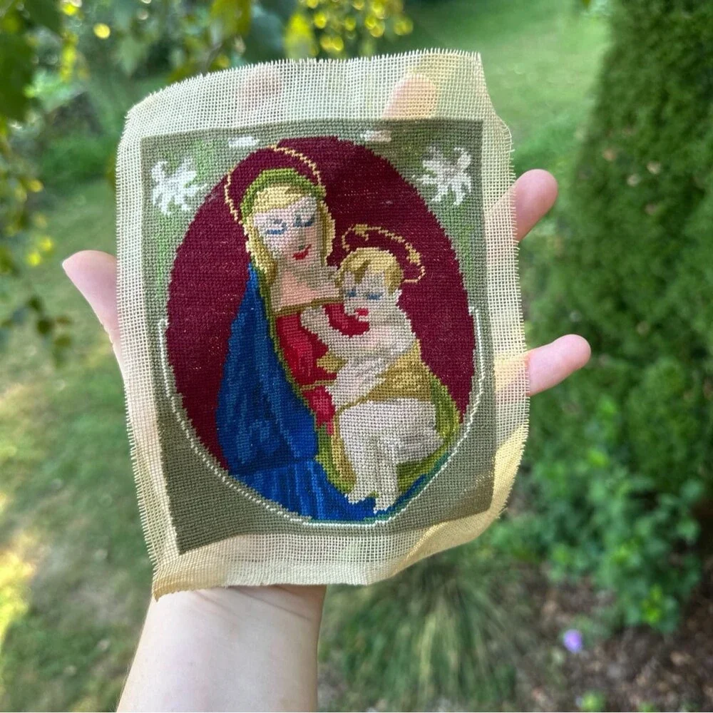 Vintage Unframed Hand-Stitched Needlepoint Virgin Mary Madonna & Child